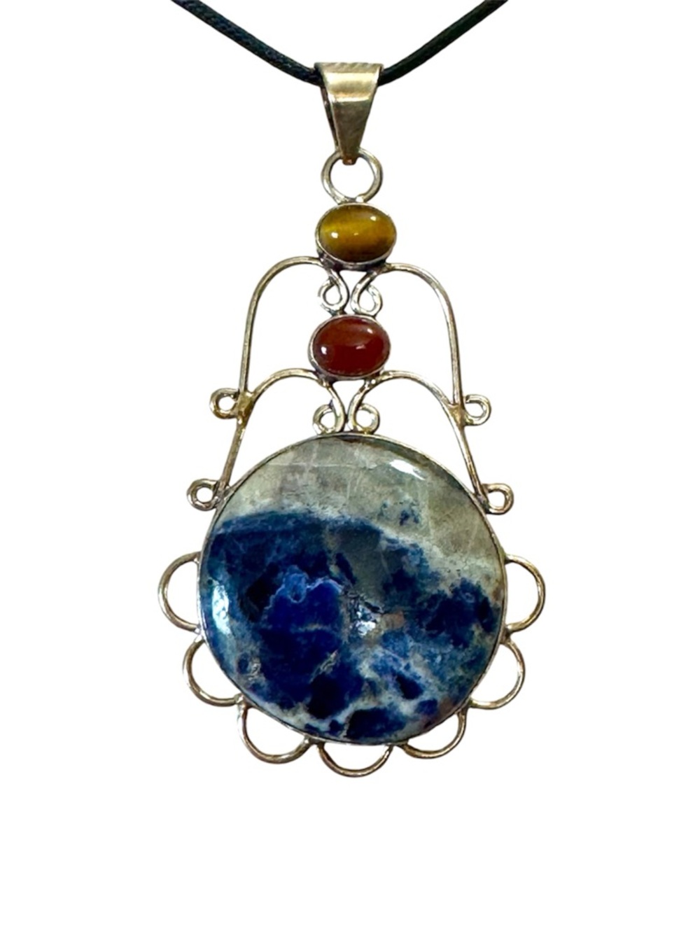 Sterling Silver Sodalite Carnelian Tigers Eye Pendant Necklace Boho Statement